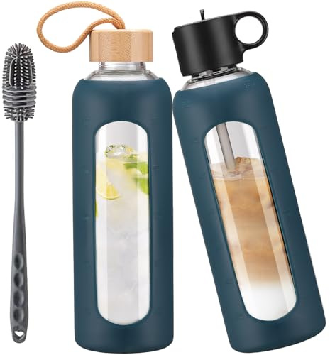 HYDRAGLAZIC 750ml Gourde en Verre Avec Paille et 2 Couvercle, Bouteille d'eau Motivation Graduée Pour 1 Journee Avec Marqueur de Temps Housse en Silicone, Sport Gourde Reutilisable,Bleu