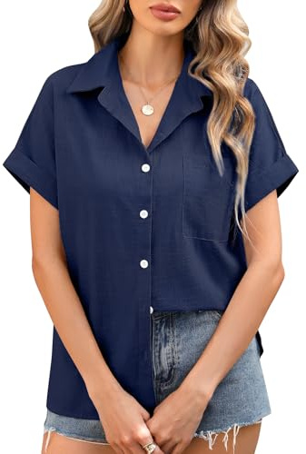 Xnova Camisas Mujer Verano Manga Corta Blusas de Mujer Algodón Elegantes Cuello en V Básica Camiseta Tops con Botones, Azul Marino, L