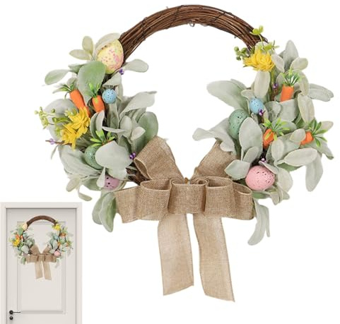 Coronas de Pascua para puerta delantera, corona de flores artificiales de 15.8 pulgadas con nudo de lazo, decoración de puerta delantera de Pascua, guirnalda de plantas para Pascua, decoración de