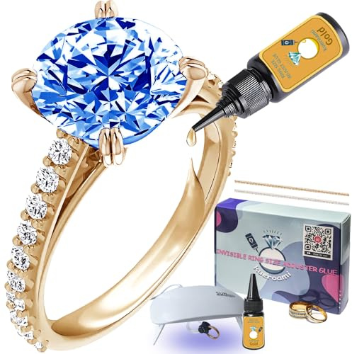 Ajusteur de Bague à Résine UV Kueroami – Réducteur de Taille Invisible 0,5 à 3 Tailles pour Alliances et Bagues Dorées (Kit avec Lampe UV et Adhésif Invisible) – Facile à Appliquer (Doré)