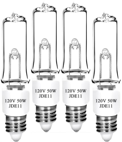 Lachesan JDE11 120V 50W T4 Mini Candelabra Base（Replacement E11 Led Bulb） 2700K Clear Dimmable JD E11 Halogen Light Bulbs for Chandeliers, Ceiling Fan, Table Lamps, Cabinet Lighting, 4 Pack