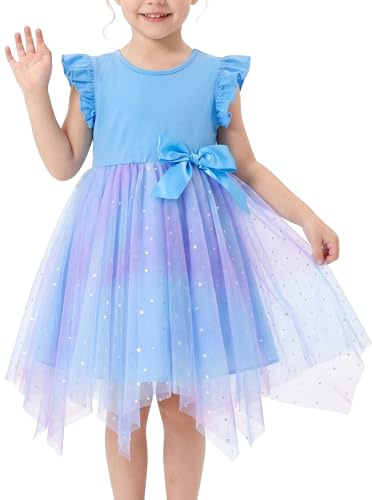 Miipat Klänningar för flickor Tyll Prinsessa Flicka Sommarklänning Flygande Ärmar Barn Bröllopsfödelsedagsfest Klänning, Blå, 4-5 år