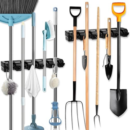 Vuxava 2 Pièces Accroche Balai Mural,Porte-Balais Muraux avec 10 Emplacements et 12 Crochets – Support Mural pour Balais, Outils de Jardin et Garage – Rangement Outils Jardin et Maison