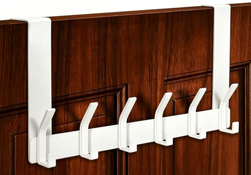 Auskee Over The Door Hooks, 6 Hooks White Over Door Hanger, Total Length 18cm, Fits Door Thickness Up to 4.5cm, No Drill Space Saving Organizer for Coats, Towels, Bags in Bathroom Bedroom Hallway