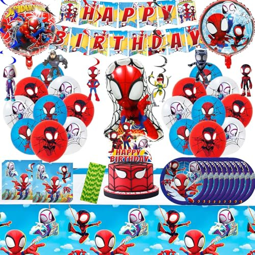 Set de decoración para cumpleaños infantil, Temática de héroes, 85 piezas, Incluye pancarta, Globos, Adornos para pastel, Mantel, Platos y servilletas