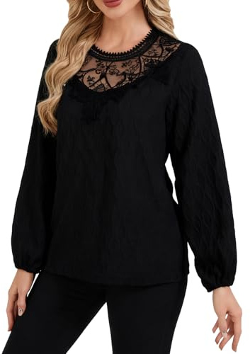 Heersan Camicia Donna Elegante Maglia Manica Lunga Scollo Rotondo in Pizzo Top Donna Blusa Casual T Shirt Maglietta per Autunno Inverno Primavera