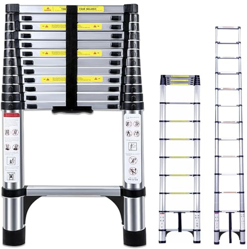 Exleiter Telescopic Ladder 4.5M/14.8FT, Portable Aluminium Extension Ladder, Multi Purpose Adjustable Height Extendable Loft Ladders for Roof Attic Caravans