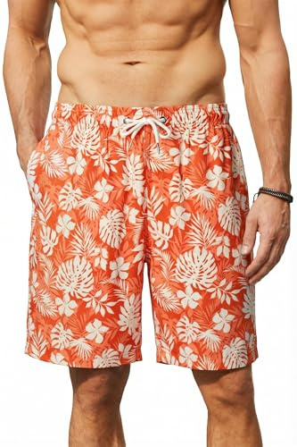 Enlision Herrbadshorts 19 cm sommar strand bermuda, långa badbyxor för män, snabbtorkande, vardaglig, semester, Hawaiianska boardshorts, tropiskt mönstrade korta byxor med nätfoderfickor S-3XL, Orange