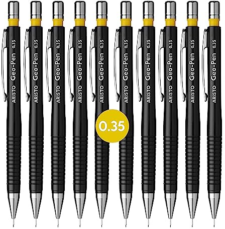 Aristo AR85003 Druckbleistift Geo Pen 0,35 mm (Ergonomisch gerillte Griffzone, gefederte Minenführung, Härtegrad Mine HB, integrierter Radiergummi) schwarz, 10 Stück