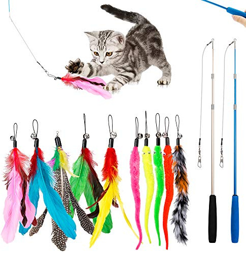 JIARON Cat Toys Feather Toy, 2PCS Retractable Wand and 10PCS Replacement Teaser with Bell Refills, Interactive Catcher and Funny Exercise for Kitten.
