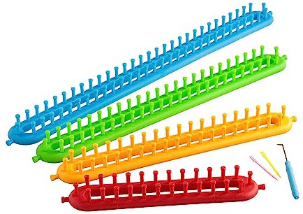 Quilted Bear-Strickrahmen – dichtes Zahnstrick-Webstuhl-Set mit Haken und Wollnadel, 4 Größen (rot 26 cm, gelb 36 cm, grün 47 cm, blau 57 cm) – Anleitung inklusive. Perfekt für Anfänger und Kinder.