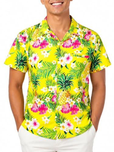 King Kameha Camisa Hawaiana Hombre de Manga Corta con Estampado Floral y Piñas