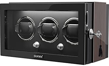 DUKWIN Watch Winder for Automatic Watches with Quiet Motor Lockable Automatic Watch Winder for 3 Watches, Dual Power Supply, Built-in Illumination
