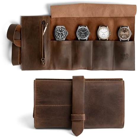 Hide & Drink, Watch Roll Organizer with Zippered Pouch, Easy Carry On Watchlover Storage, Travel Essentials Gift, Full Grain Leather, Handmade (Bourbon Brown)