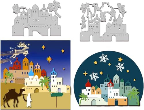 GLOBLELAND Matrices à Découper en Métal Ville de Bethléem pour Papier Carte Fabrication Châteaux Arbres Chameaux Animaux Voyageurs Découpes Gaufrage Pochoirs Gabarit pour DIY Scrapbooking