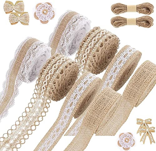 Juteband mit Spitze: 8 Rollen Juteband Natur, Geschenkband Jute mit 2 Stück 20 M Juteseil, Leinwand-Spitzenband mit Weißer Bordüre Stoff für Weihnachten/Hochzeit/Party/Zuhause/Geschenkdekoration