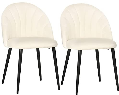 HOMCOM Esszimmerstühle 2er Set Küchenstuhl mit muschelförmiger Rückenlehne, Samtoptik, Sessel Polsterstuhl mit Fußpolster, Stühle, Wohnzimmerstuhl mit Stahlbeine für Esstisch, Cremeweiß