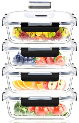 ERUIV Meal Prep Boxen Glas, [4 Behälter + 4 Deckel] Meal Prep Glas-1520ml, Frischhaltedosen Glas, Gefrierdosen Set Mit Dampfventil, Glasdose transparent Mit Deckel, BPA-freie Vorratsdose Glas