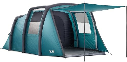 Trail Brazen Inflatable 4 Man Air Tent with Living Area, Family Camping Tunnel Tent, 5000mm Waterproof, Dark Zone Bedroom, Safety Purge Pump and Bag (L455cm x W270cm x H195cm)