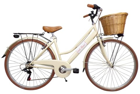 Cicli Tessari - bicicletta da donna bici da città city bike da passeggio 28'' con cambio vintage retro' cesto in vimini (beige)