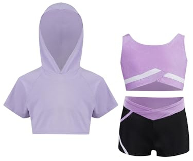 Conjunto Deportivo Niñas Crop Top Manga Corta y Pantalones Cortos Deportivos Ropa de Danza Baile Infantil Traje Ropa Deportivo Yoga Gimnasia Verano D Púrpura Claro 7-8 años