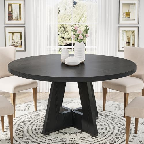 Tribesigns 47 inch Round Dining Table Wood Kitchen Table for Dining Room, 47 Dinner Room Tables for 4-6, Farmhouse Accent Furniture with Wooden Tabletop and Cross Base, Black