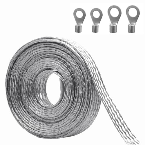 9.8ft 1/2 inch Flat Tinned Copper Braided Ground Strap Wire Sleeve Expandable Shielding Wire Mesh with Rings Terminal for Ground Protection Cable