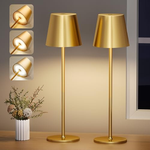 PreeOtti Tischlampe Kabellos 2er Set, Dimmbare Tischleuchte Akku LED mit 3 Farbtemperatur, Stufenlos Dimmbar, Touch Lampe mit USB-C Aufladbar für Outdoor Nachttisch Esstisch Camping(Gold)