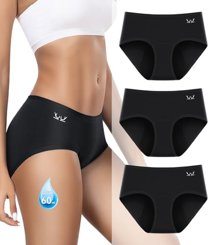 Benirap Periodenunterschwäsche Starke Blutung 60ML, Hohe SaugfäHigkeit Perioden Unterwäsche, Atmungsaktiv Menstruationsunterwäsche Damen (3er Pack) Schwarz L