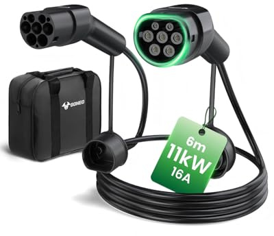GONEO Cavo Ricarica Auto Elettrica Tipo 2, 11kW/6 Metri/16A/Trifase/Modalità 3/IP54 Impermeabile, Cavo Ricarica Rapida per Veicoli Elettrici ibridi Plug-in
