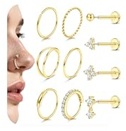 Morfetto 10 Pezzi Piercing Naso Acciaio Chirurgico Oro Ipoallergenico Orecchino Naso Septum Nostril Piercing con Chiusura Piatta Senza Filettatura per Trago Helix Labret Labbro Donna 20G BALL-G20G