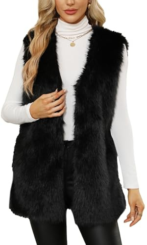FEOYA Gilet Fourrure Femmes Gilet éLéGant Polaire Teddy Fausse Veste Peluche Sans Manches Veste D'Hiver Fourrure Cardigan Duveteux