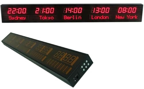 Horloge mondiale numérique avec 5 fuseaux horaires – Fixation murale avec 3 niveaux de réglage de la luminosité, facile à utiliser pour les hôtels, les aéroports et les lieux de compétition