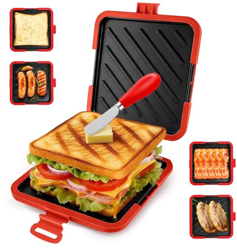 Microwave Toastie Sandwich Maker, Silicone Micro Toasties Sandwich Maker with Removable Non-Stick Grill Plates, Cookware Toaster Baking Tray, Easy Cooking for Crispy Sandwiches,Paninis,Fried Eggs,Red