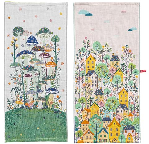 HOORDRY 100% Cotton Tea Towels Set, 76X38CM, Super Absorbent Kitchen Towel with Hanging Loop, Large Dish Towels, Pack of 2, Quality Thick Hand Towels for Everyday Use - Sage Green Mushroom Castle