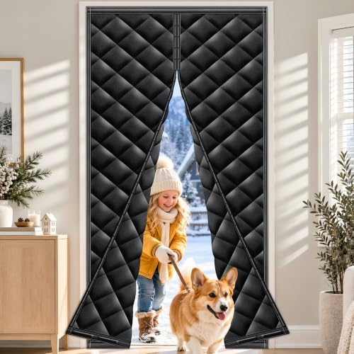 HOFUDON Thermal Door Curtain Magnetic 100 x 210 cm, Black | Heavy Duty Oxford fabric, Waterproof Windproof, Powerful Magnets Self-Closing, insulated door curtain for Winter, No Drill
