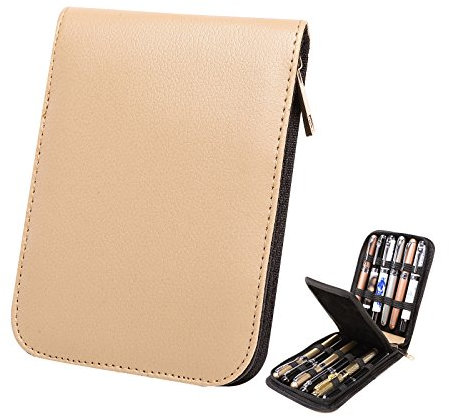 Topoomart PU Leather Rollerball Fountain Pen Case for Pen Collection Beige for 12 Pens