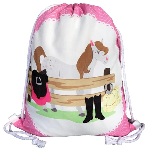 HECKBO sac de gym filles chevaux - coloré avec motif de ferme de équestre (2 côtés) - 40x32cm - lavable en machine - sport, école, loisirs, maternelle, crèche, vacances, leçons d'équitation