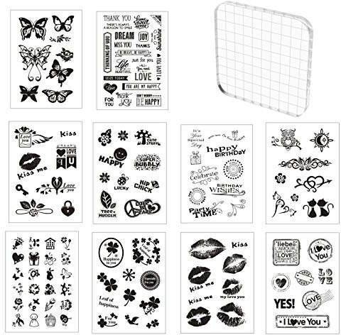 Tampon Silicone Scrapbooking, 10 Pièces Tampons Transparents avec 1 Pièces Tampon Encreur Acrylique 10x10 cm, Tampons Clear pour DIY Scrapbooking Décoration Photo Album Journalisation