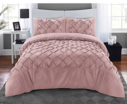 MK Home Textile Pintuck Pink Duvet Cover Set 3 Pieces Pinch Pleat Microfiber Bedding Covers Hotel Quality Quilt Bed Sets with Pillowcases Double King Super King Size