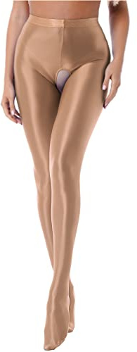YONGHS Woman Oil Shiny Footed Pantyhose Tights Leggings Glossy Shimmery Hold Up Stockings Lingerie Coffee A Large