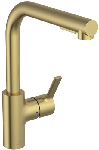 Ideal Standard – Gusto Küchenarmatur, Hoher L-Auslauf mit zylindrischem Querschnitt, mit 2-Funktionshandbrause, Schwenkbereich 360°, Schnellmontagesystem EasyFix+, Brushed Gold