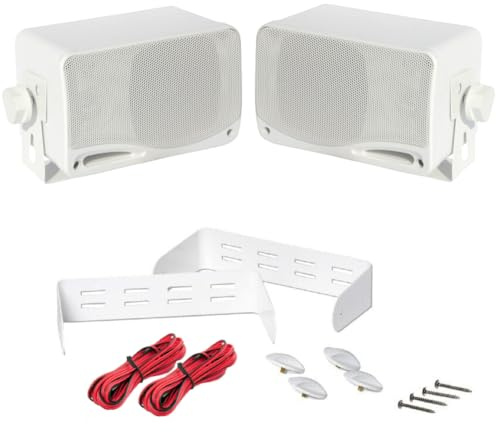 Kit Set para Pyle PLMR24 2 Altavoces universales, Blancos, Resistentes al Agua, 200 vatios rms y 400 vatios máx., para Playa, Bar, Restaurante, Barco, Dinghy, en Pares + Soportes y Cables Gratis