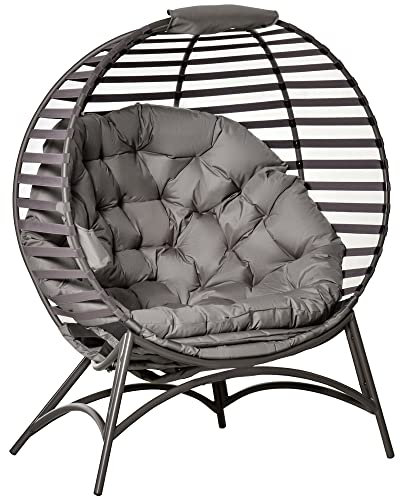 Outsunny Papasansessel Gartenstuhl mit Kissen Korb-Stuhl oval Loungesessel faltbar Korb für Balkon Terrasse Indoor Sandbraun Stahl 118 x 75 x 139 cm