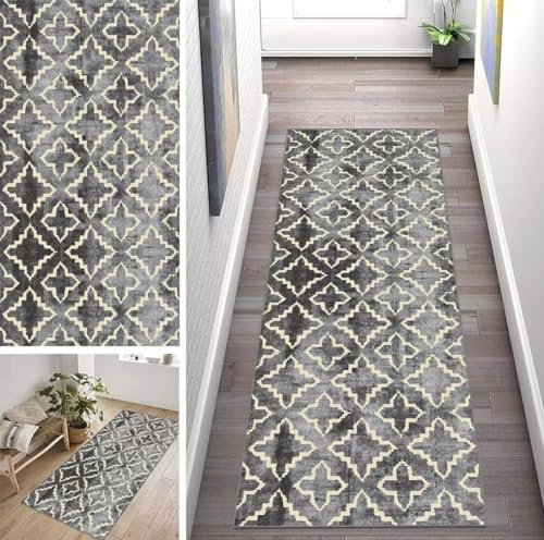 ZUZEKU Abstrakte Grau Läufer Flur Küche Waschbar rutschfest 50X250cm Vintage Lang Küchenteppich Flurteppich Teppich Fur Korridor Wohnzimmer Schlafzimmer Meterware Anpassbar