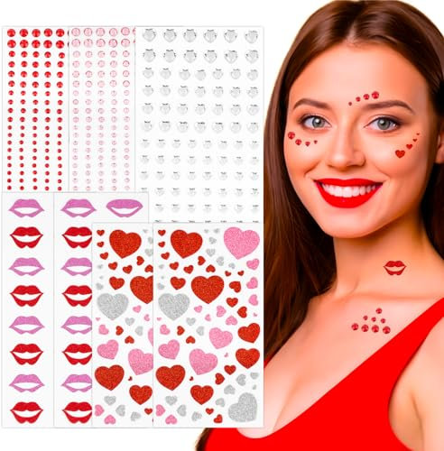 BETESSIN 584pz Strass Adesivi Viso Brillantini Adesivi per Decorazioni Adesivi Glitter Cuore Bacio Cristallo Brillantini Autoadesivi per Viso Occhi Trucco Make Up Unghie per Donna Ragazza Festa