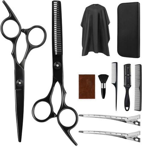 Atliberswo Friseurscheren-Set, haarschneideschere，11-teilig,bestehend aus Haarschere und Effilierschere, geeignet für Damen, Herren und Kinder, mit Friseurumhang(Schwarz)