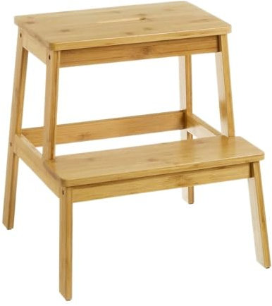 Taburete Escalón 2 Alturas Nórdico Marrón de Bambú Natural, Taburete Banqueta con 2 Escalones 47x43x42 cm, Soporta hasta: 150 KG