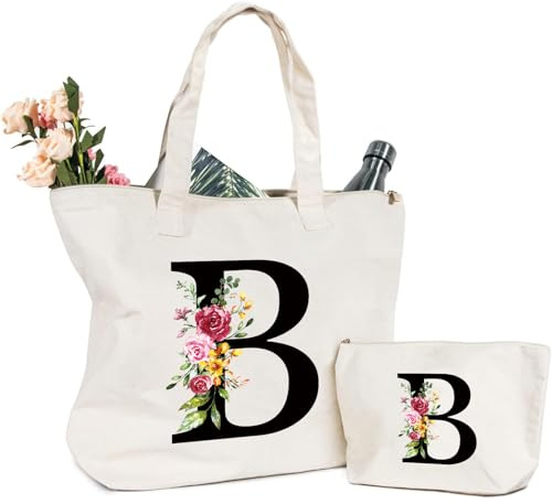 Letras Personalizadas Bolsa de lona, Bolso Tote de Mujer con Inicial y Flores Bolsa de Compras con Bolsillo Interior Alfabeto Bolso de Cosméticos Regalos para Damas Amigas Mamá Regalo Cumpleaños(B)