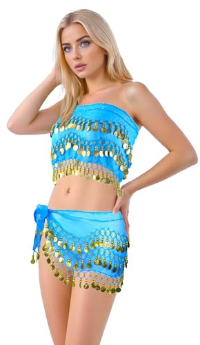 Baisdan 2 Pièces Ceinture Danse Orientale Femme, Jupe Danse Orientale et Foulard Danse Orientale avec Pièces d'or, Idéales pour Danse du Ventre, Zumba, Yoga Latin Bleu Clair